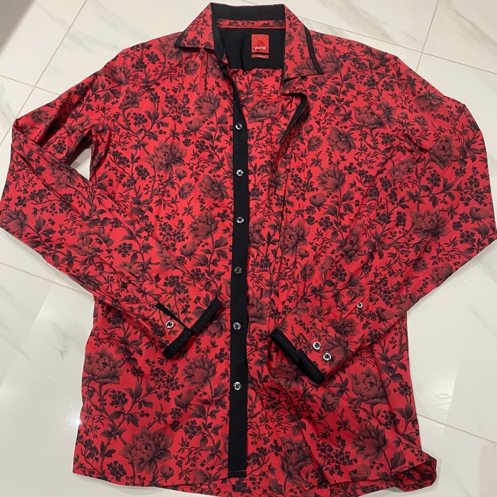 Pure brand, red with black flowers shirt